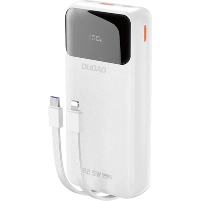 Dudao Преносима батерия Dudao K15Pro, 20000mAh, 22.5W, PD, USB-C / USB-A, вградени Lightning и USB-C кабели, бяла (K15Pro white)