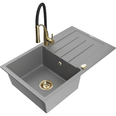 Mexen Bruno гранитна мивка с 1 отделение с отцедник и кухненски смесител Aster, сив - 6513-71-73450-57-G (6513-71-73450-57-G)