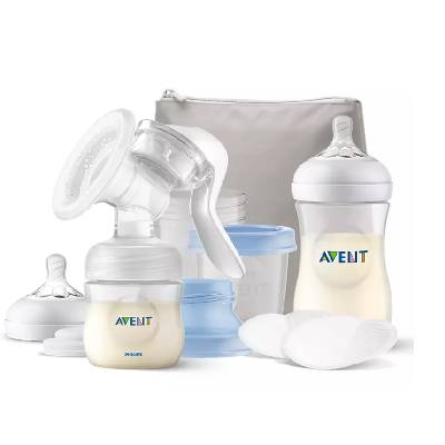 Комплект ръчна помпа за изцеждане на кърма Philips AVENT Natural Motion с контейнери VIA, шишета за хранене Natural + несесер (00A.0563.001)