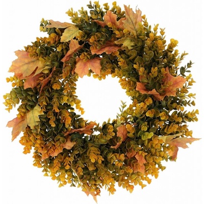 Podzimní věnec umělý Eucalyptus a javorové listy, pr. 40 cm, oranžovo-zelená – Zboží Dáma