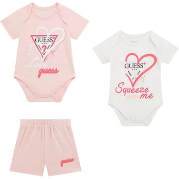 Guess Комплект две къси бодита в розово и бяло с надписи и къси панталонки за бебе момиче Guess