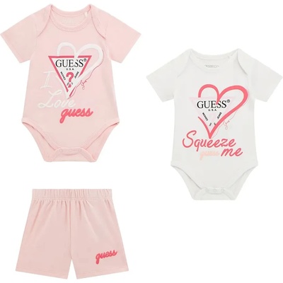 Guess Комплект две къси бодита в розово и бяло с надписи и къси панталонки за бебе момиче Guess