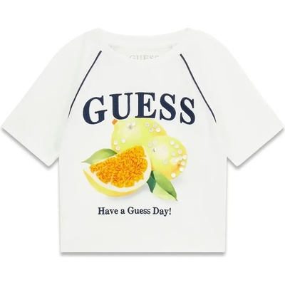 GUESS Бяла тениска за момиче с щампа лимони и надпис Guess