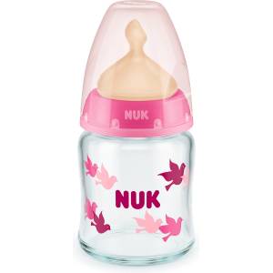 Nuk Стъклено шише с каучуков биберон NUK - First Choice, TC, 120 ml, 0-6 месеца, Розово (10747115-Розов)