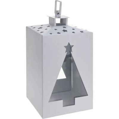 Home Styling Collection Kovová lucerna s vitráží a vánočním stromkem, 24 cm bílý