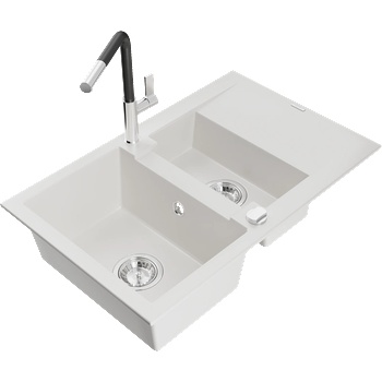 Mexen Gaspar 1, 5-коморна гранитна мивка с отцедник и кухненски смесител Flora, бял - 6507-20-670401-07 (6507-20-670401-07)