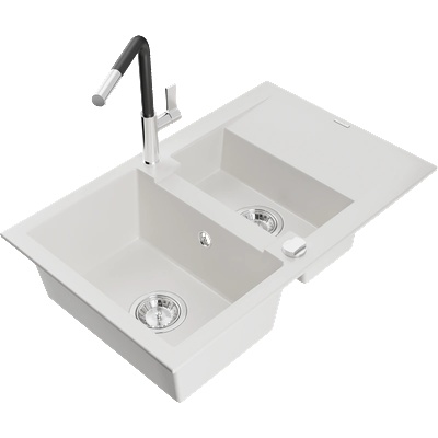 Mexen Gaspar 1, 5-коморна гранитна мивка с отцедник и кухненски смесител Flora, бял - 6507-20-670401-07 (6507-20-670401-07)