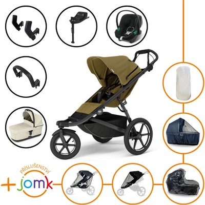 Thule Set 11v1 Urban Glide 3 Nutria green 2024 + madlo + korba Soft beige + JOMK příslušenství + autosedačka Cybex s ISOFIX základnou a adaptéry Thule