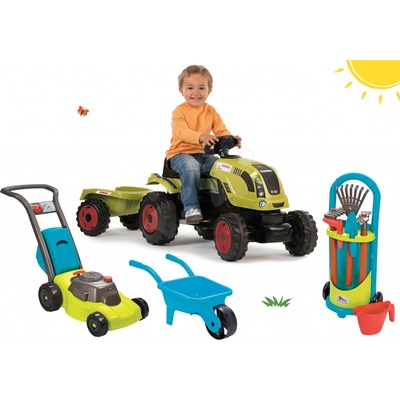 Smoby Set traktor na šliapanie Claas Farmer XL s prívesom a fúrik s kosačkou a záhradným vozíkom