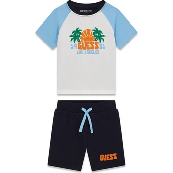 Guess Бяла тениска със сини ръкави и тъмно сини панталони за мини момче Guess