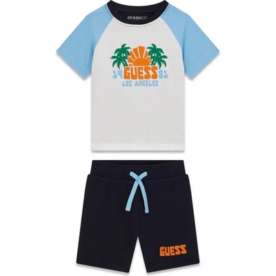 Guess Бяла тениска със сини ръкави и тъмно сини панталони за мини момче Guess