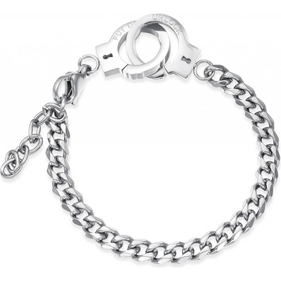 Šperky eshop náramek z oceli ve stříbrném odstínu spojená pouta s nápisy PUT DOWN a UNLOCK. SP68.08