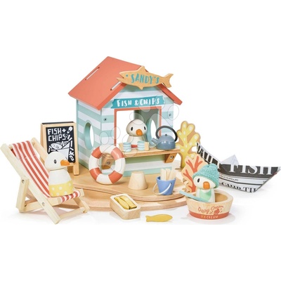 Leaf Toys Drevený stánok s občerstvením na pláži Sandy´s Beach Hut Tender s lehátkom a 3 figúrky čajok