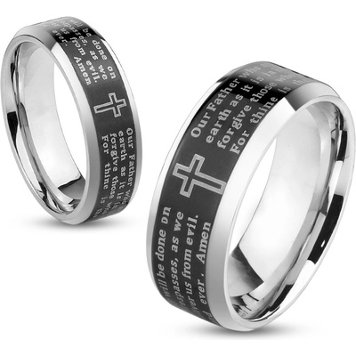 Šperky Eshop prsten z oceli Stříbrná barva černý pásek s modlitbou Otčenáš S81.04