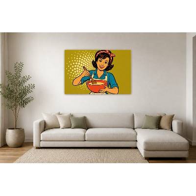 Obraz na plátně – Komiksová ilustrace ženy míchající v míse 135 × 90 cm