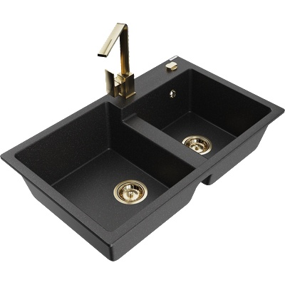 Mexen Tomas гранитна мивка с 2 камери с кухненски смесител Rita, черно/сребърен металик - 6516-73-670300-50 (6516-73-670300-50)