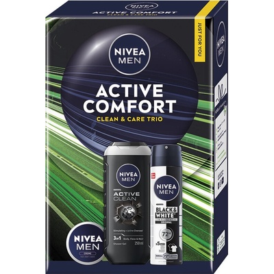 Nivea Men Active Clean sprchový gél pre mužov 250 ml + Invisible Black & White antiperspirant v spreji pre mužov 150 ml + Original krém pre mužov 30 ml kozmetická sada