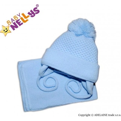 Baby Nellys Zimná čiapočka so šálom modrá s veľkou bambuľkou