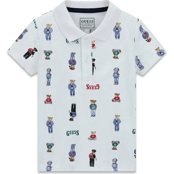 GUESS Бяла тениска с яка покрита с цветни мечета и надписи Guess