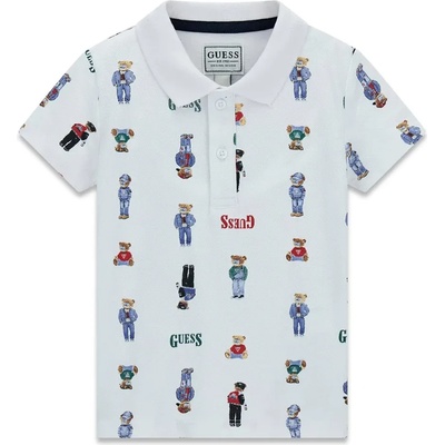 GUESS Бяла тениска с яка покрита с цветни мечета и надписи Guess