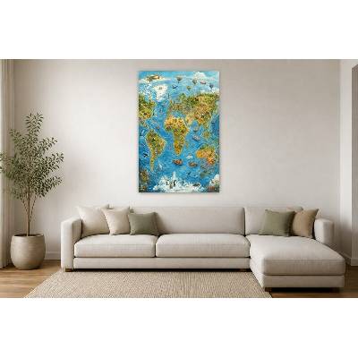 Obraz na plátně – Ilustrovaná mapa světa se zvířaty a dopravou 90 × 135 cm