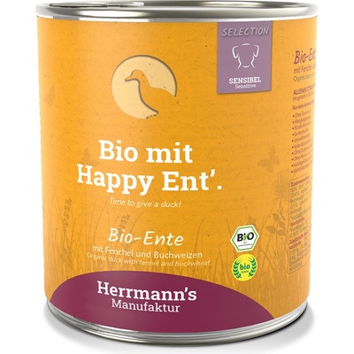 Herrmanns 24х800г Bio-Menu Sensitive Herrmann´s, консервирана храна за кучета - био патешко с резене и елда