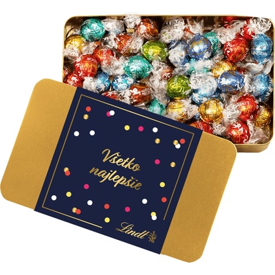 Lindt Lindor Zlatá plechovka s pralinkami Všetko najlepšie 0,7 kg