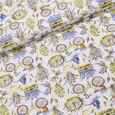 Bavlněné plátno levandule a kolo na bílé, fialová, š.140cm (látka v metráži)