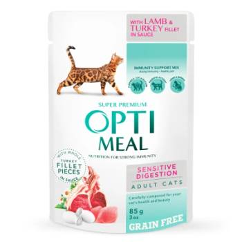Optimeal Optimeal Pouch Adult Cat Grain Free Sensitive Digestion пауч за котки с чувствително храносмилане с агнешко и пуешко филе в сос 85gr