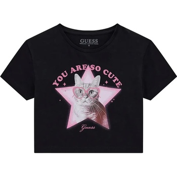 GUESS Къса черна тениска за момиче с коте, глитери и надписи Guess