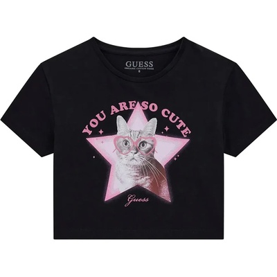 GUESS Къса черна тениска за момиче с коте, глитери и надписи Guess