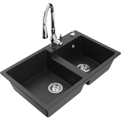 Mexen Tomas гранитна кухненска мивка с 2 камери и кухненски смесител Savita, черен/сребрист металик - 6516-73-672601-00 (6516-73-672601-00)