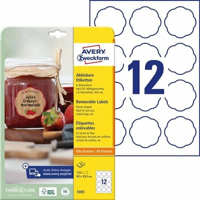 Etikety v tvare kvetu 60x59,5mm Avery 10 hárkov biele