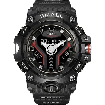 SMAEL Спортен мъжки часовник Smael Hyper Sport, Двойно време, Хронограф, LED Подсветка, Черен (SMAEL-8075-BLACK-BLACK)