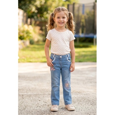 Dievčenské rifľové nohavice s výšivkou Srdiečka a Motýliky svetlomodrá