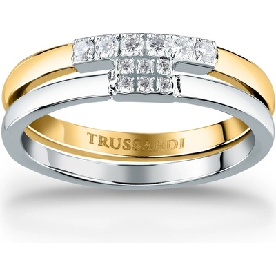Trussardi Krásný bicolor prsten z oceli se zirkony T-Logo TJAXC41