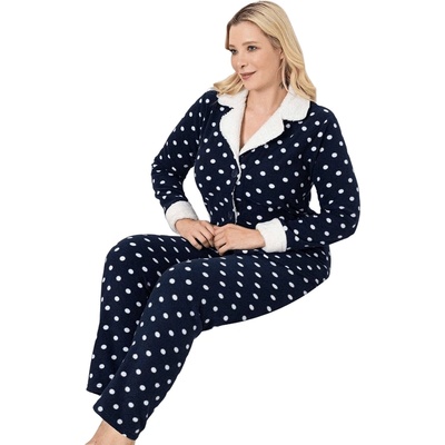 Макси поларена пижама в тъмносиньо с точки и копчета