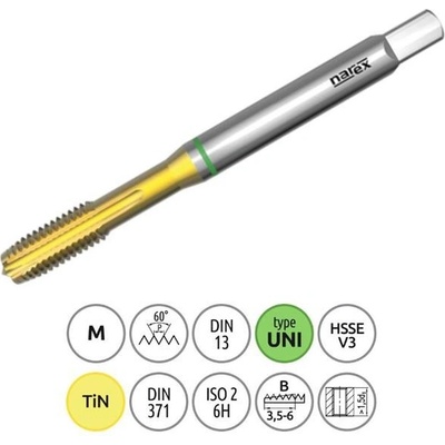 Narex Ždánice 041535046060000 - Závitník strojní M 6 x 1,0mm typ 3043 kód 1710 TiN, lícování ISO2 (6H), DIN 371