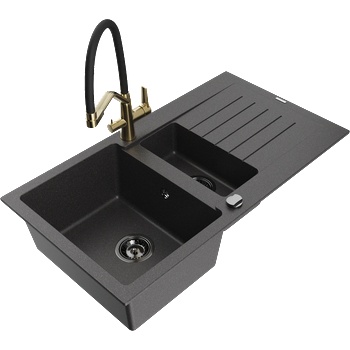 Mexen Matias гранитна мивка 1, 5-камерна с отцедник и кухненски смесител Duo, черен на пръски - 6502-76-671701-57-B (6502-76-671701-57-B)