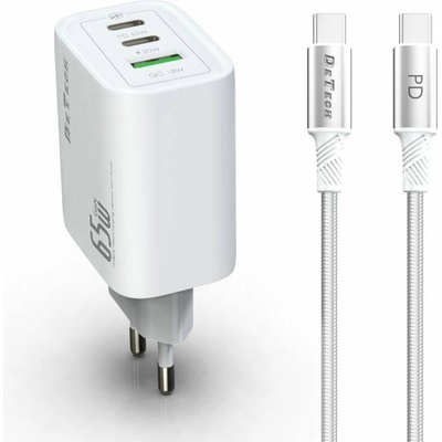 DeTech Мрежово зарядно устройство DeTech DE-PD, 65W, GaN, С Type-C - Type-C кабел, 2 x Type-C F, 1 x USB F, Бял - 40343