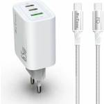 DeTech Мрежово зарядно устройство DeTech DE-PD, 65W, GaN, С Type-C - Type-C кабел, 2 x Type-C F, 1 x USB F, Бял - 40343