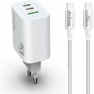 DeTech Мрежово зарядно устройство DeTech DE-PD, 65W, GaN, С Type-C - Type-C кабел, 2 x Type-C F, 1 x USB F, Бял - 40343