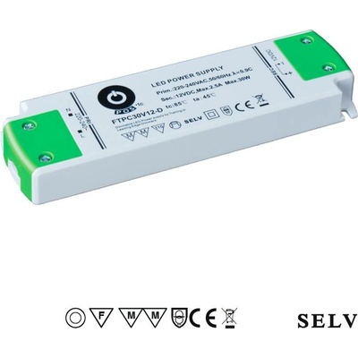 POS, 30W Nábytkový napájecí zdroj stmívatelný TRIAC, FTPC30V12-D, 12V, 2,5A, IP20