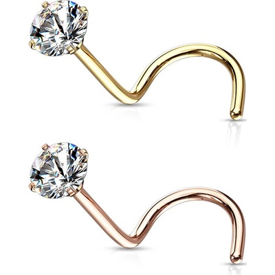 Šperky eshop zahnutý piercing do nosu z oceli drobný kulatý čirý zirkon v kotlíku W36.12 měděná