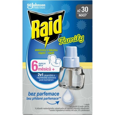Raid Family elektrický odparovač tekutý proti komárom náhradná náplň 30 nocí 21 ml