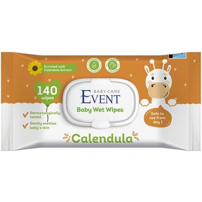 Event Бебешки влажни кърпи с капак Event - С екстракт от невен, 140 броя (2EVBE04103CLD0140A)
