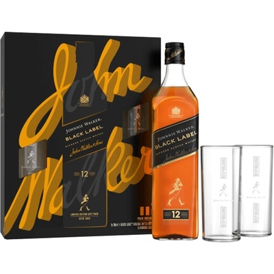 Black Label 12 YO с две високи чаши - бленд шотландско уиски 700ml