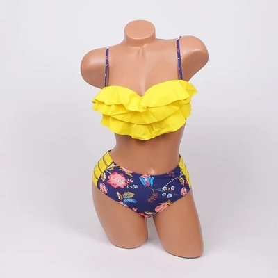 Свеж бански в жълто и тъмносиньо с цветя - В