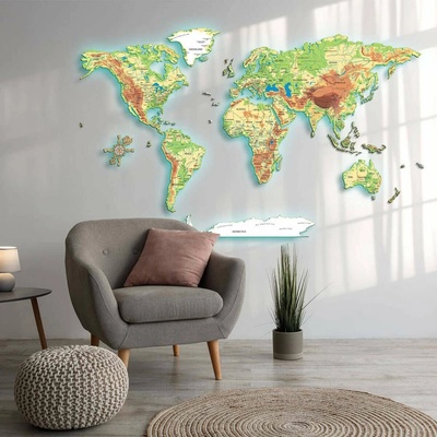 Plnofarebná LED podsvietená drevená mapa sveta Angličtina, MEGA - 300 cm, 2D Fyzická map