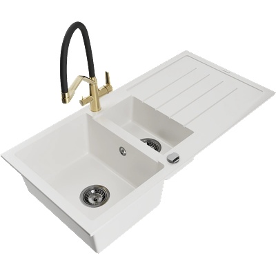 Mexen Andres гранитна кухненска мивка с 1, 5 камери с отцедник и кухненски смесител Duo, бял - 6515-20-671701-57-B (6515-20-671701-57-B)